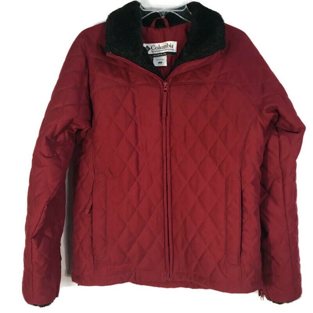 Columbia Jacket Barn Coat Red Quilted Zip up Faux Fur Collar Womens Medium